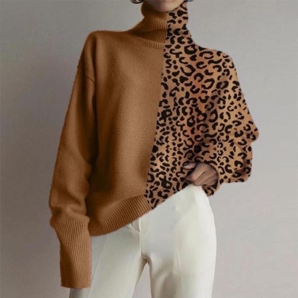 The Unbranded Brand Sweaters - Women's Leopard Print Mock Neck Sweater Tan Brown Soft Knit Pullover Cozy‎ Fall